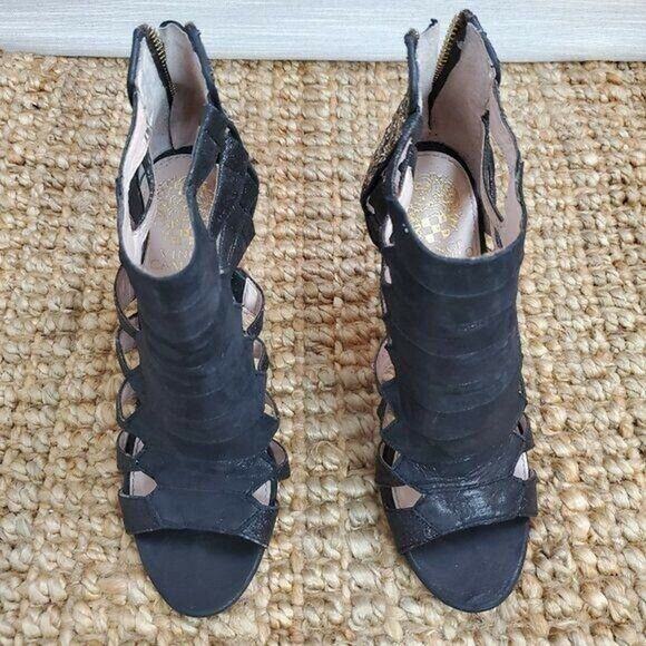 Vince Camuto Caged Heels 7.5 Black Leather Glitter Back Zip Bootie Shoe - Picture 2 of 11